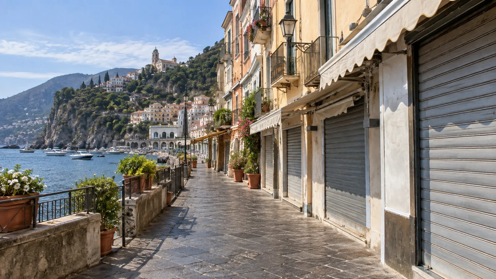 Shuttered shops along an Italian seaside town street on Ferragosto