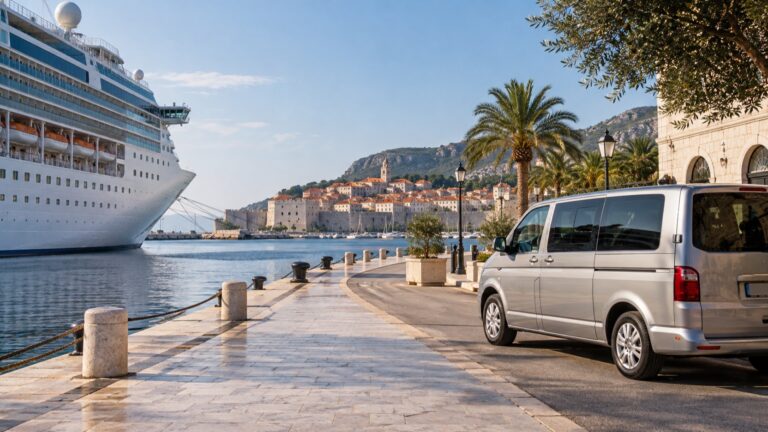 Local tour van and empty walkway beside a cruise ship and old town