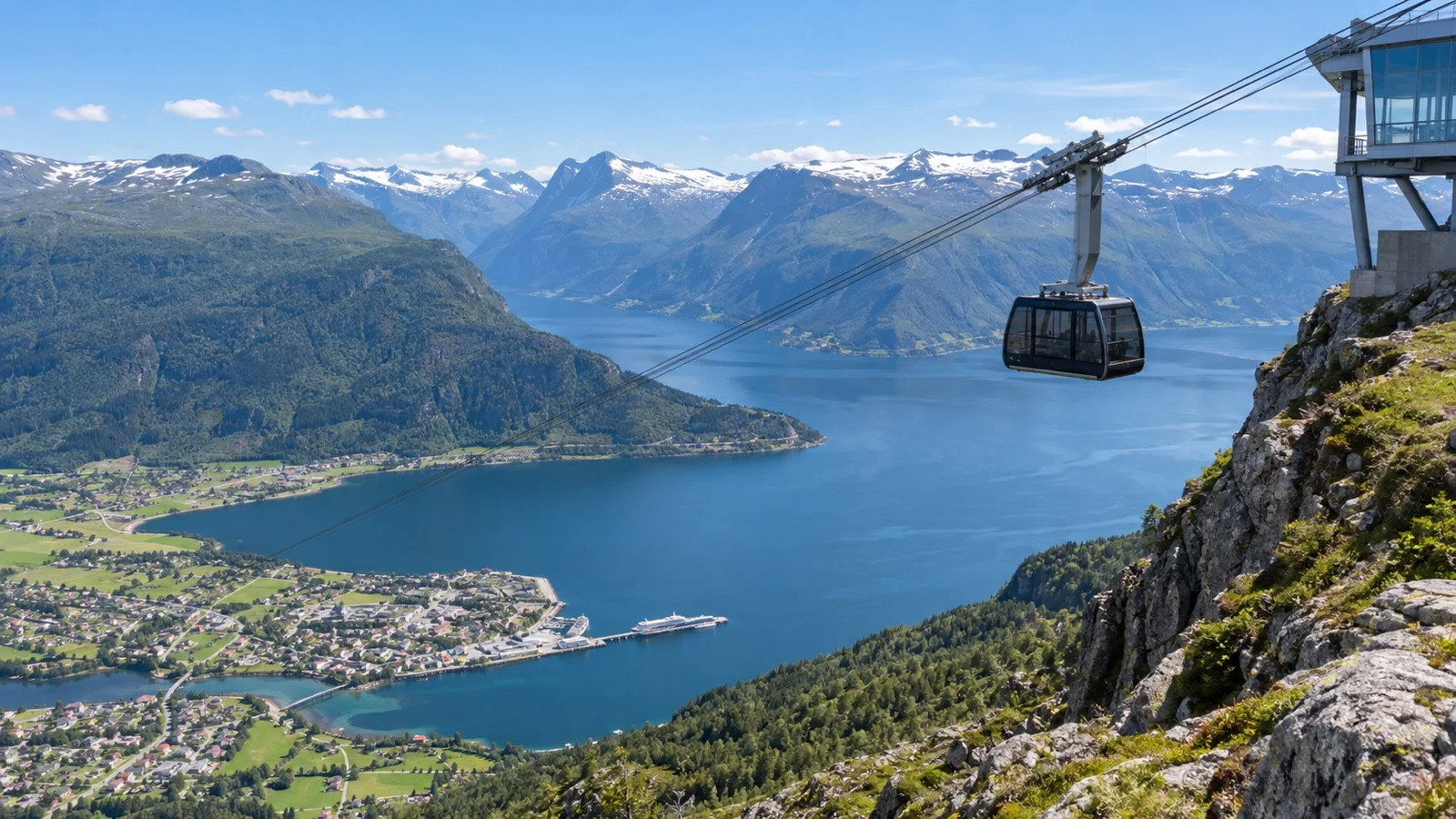 Loen Skylift cable car high above Nordfjord