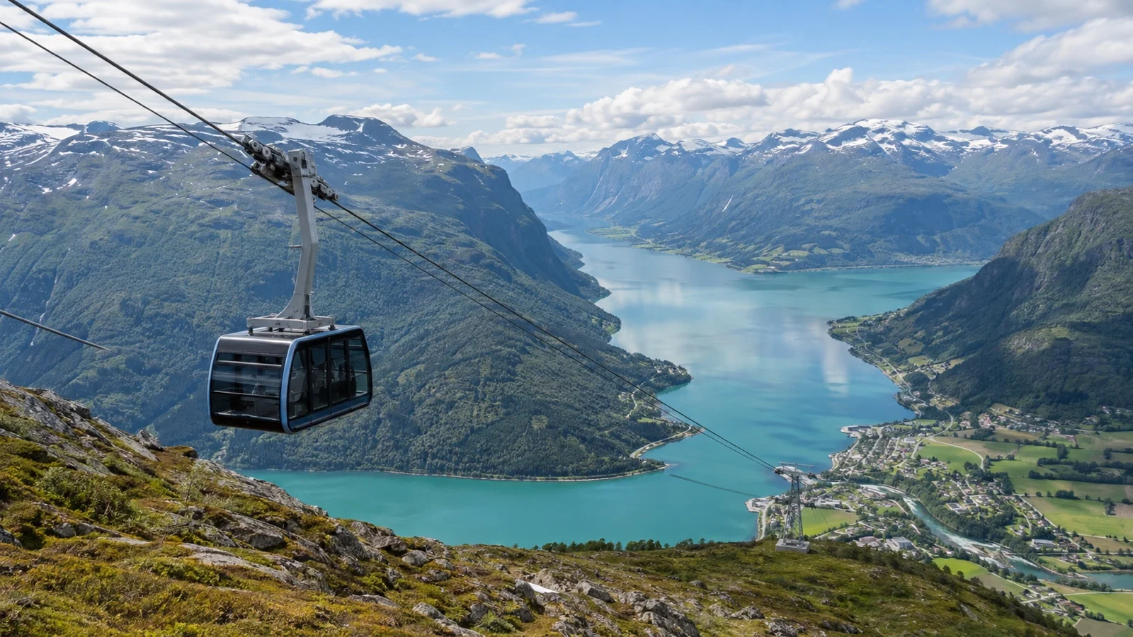 Loen Skylift cable car rising above Nordfjord