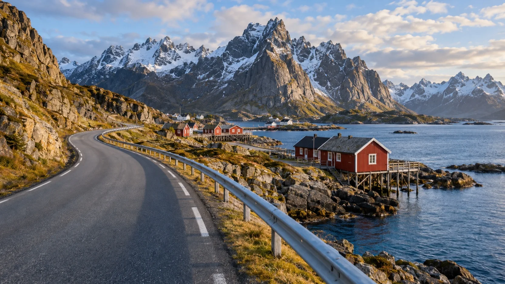 An empty coastal road passes red fishing cabins beneath Lofoten's mountains