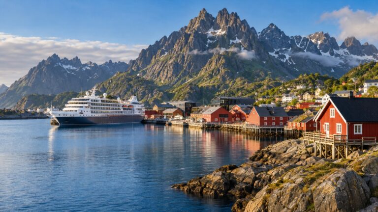 A cruise ship beside red fishing cabins and jagged peaks at Svolvær in Lofoten