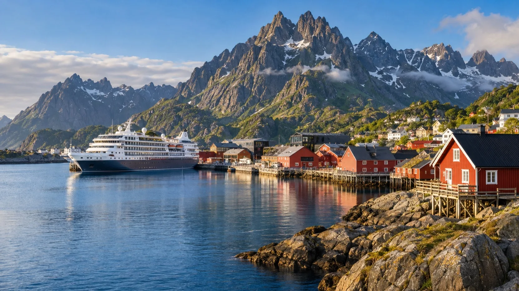A cruise ship beside red fishing cabins and jagged peaks at Svolvær in Lofoten
