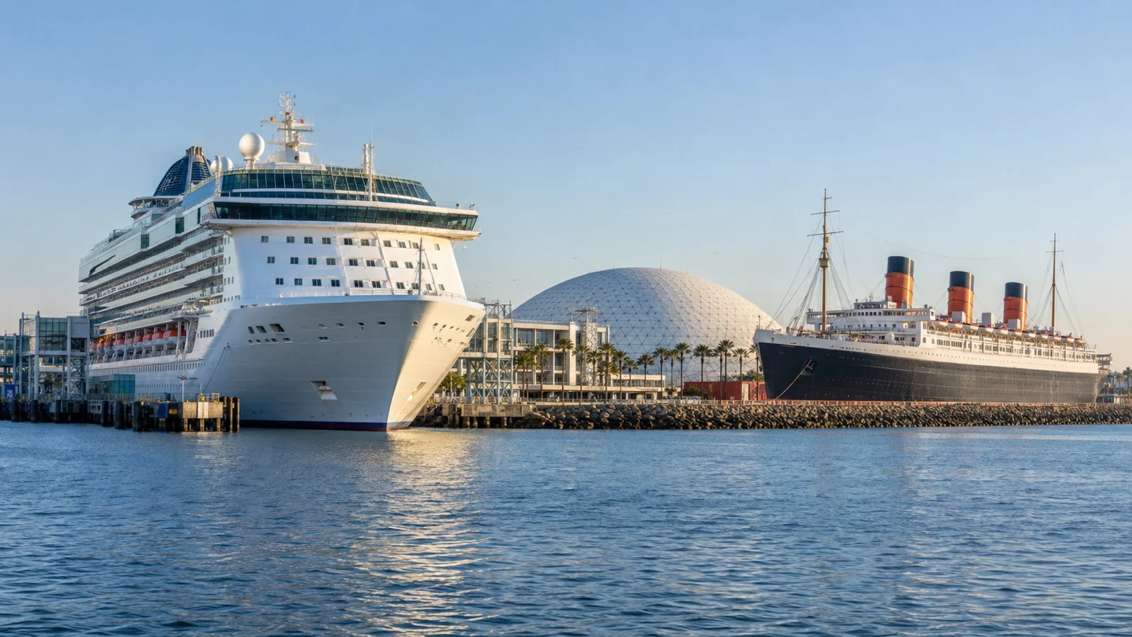Cruise ship at Long Beach terminal beside Queen Mary