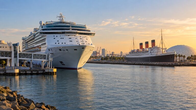 Cruise ship at Long Beach Cruise Terminal beside the Queen Mary in California