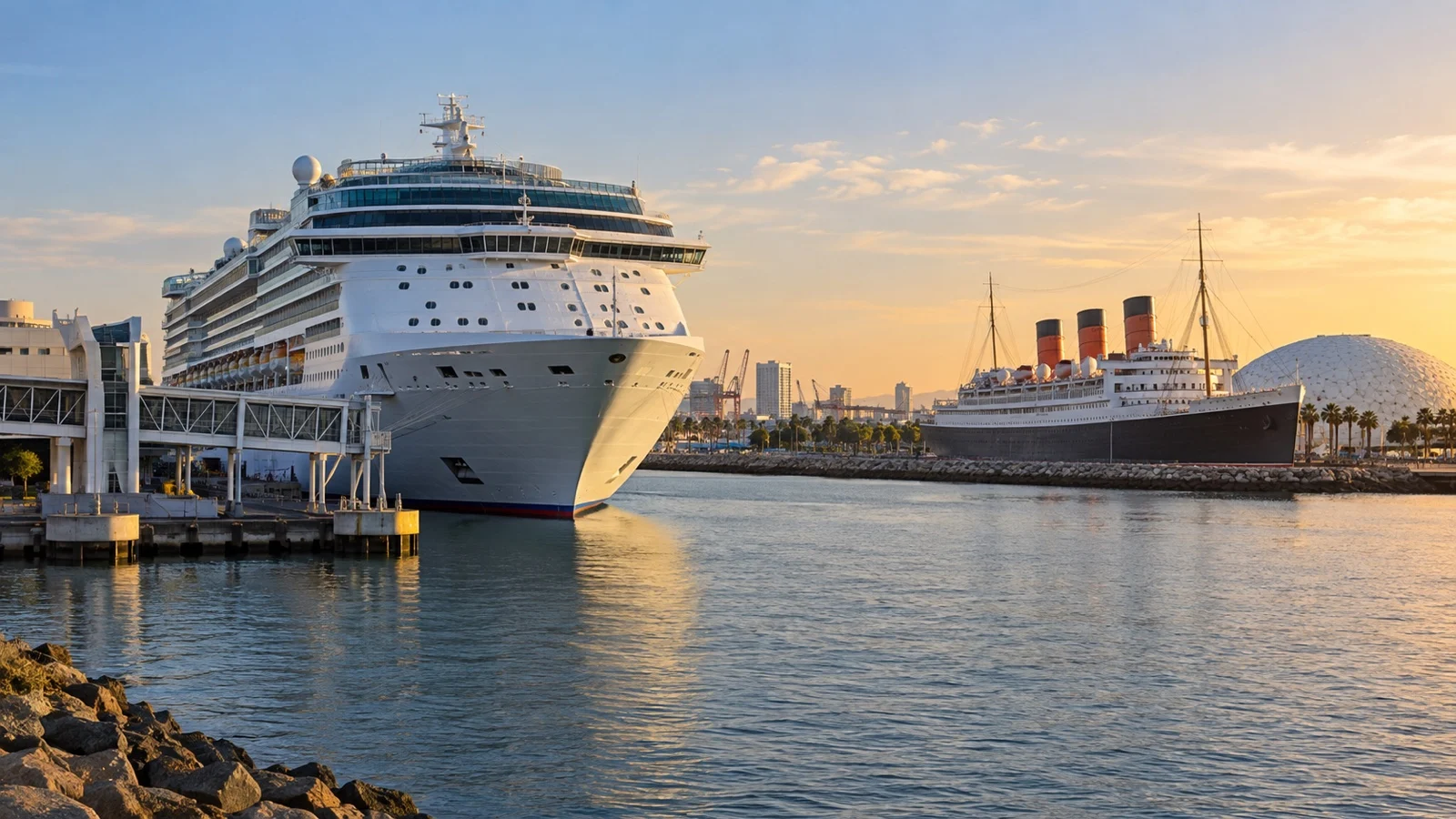 Cruise ship at Long Beach Cruise Terminal beside the Queen Mary in California