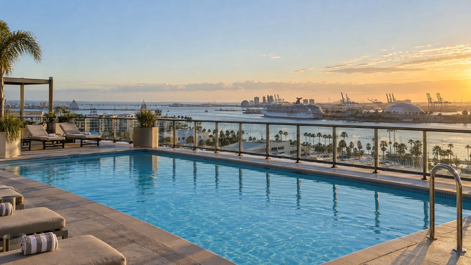 Empty rooftop pool at an unbranded Long Beach hotel overlooking the harbor