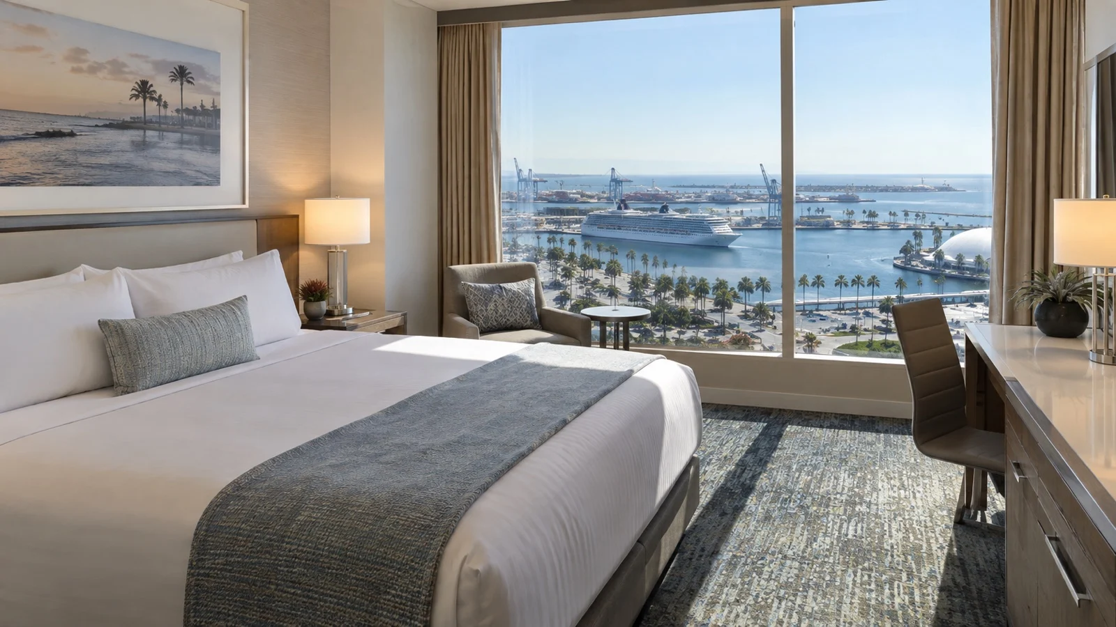 Empty unbranded hotel room in Long Beach with ocean and port view
