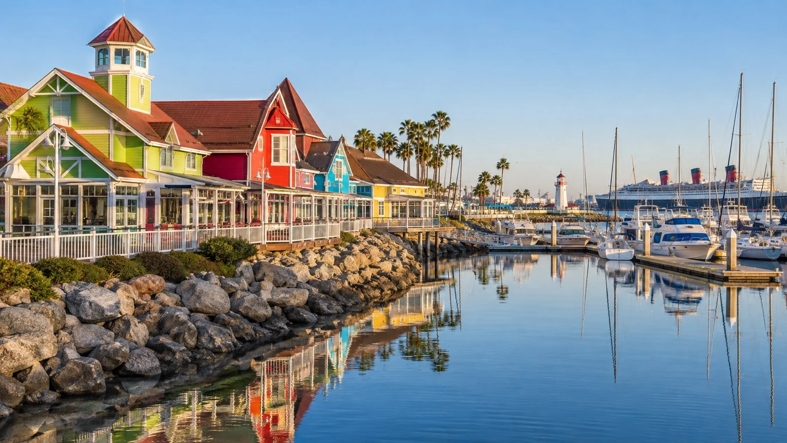 Empty colorful waterfront shops and marina at Shoreline Village in Long Beach