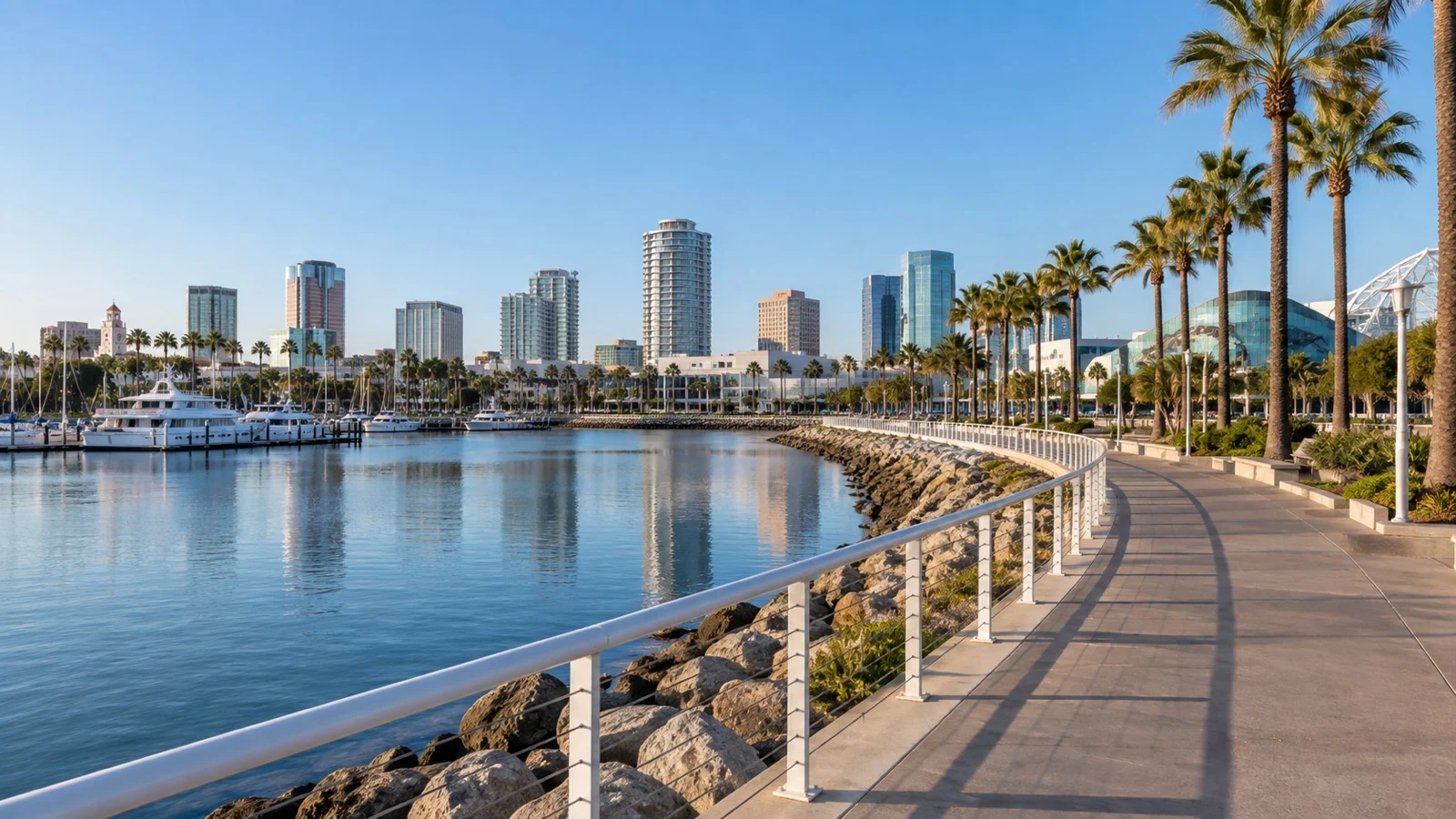 Empty Long Beach waterfront promenade with harbor, palms, and skyline