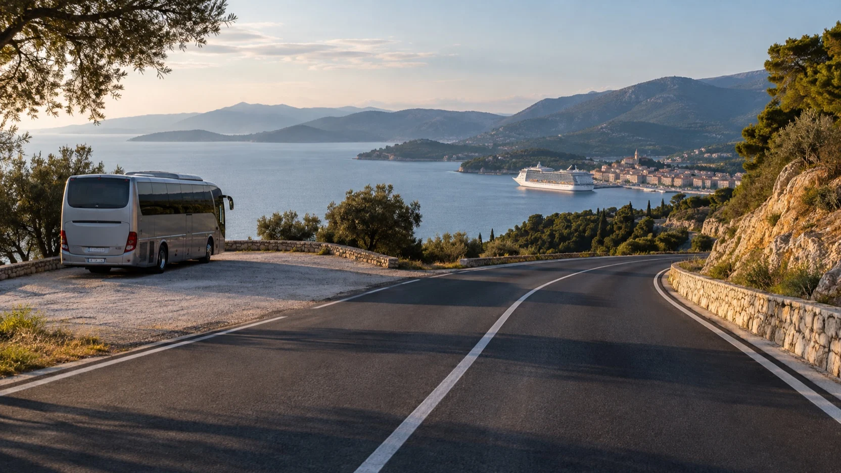 Coastal road and shuttle bus with cruise ship in the distant harbor