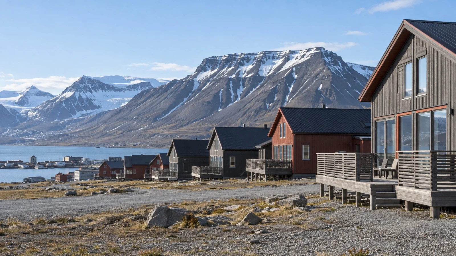 Simple timber guesthouse buildings in Longyearbyen beneath bare Arctic mountains in daylight