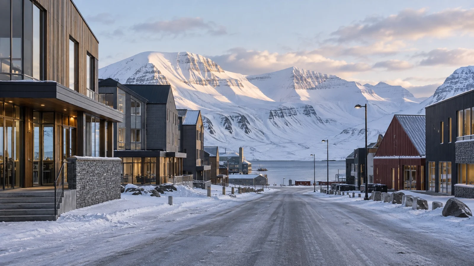 Central Longyearbyen street with modest modern Nordic hotel buildings and dramatic Svalbard mountains