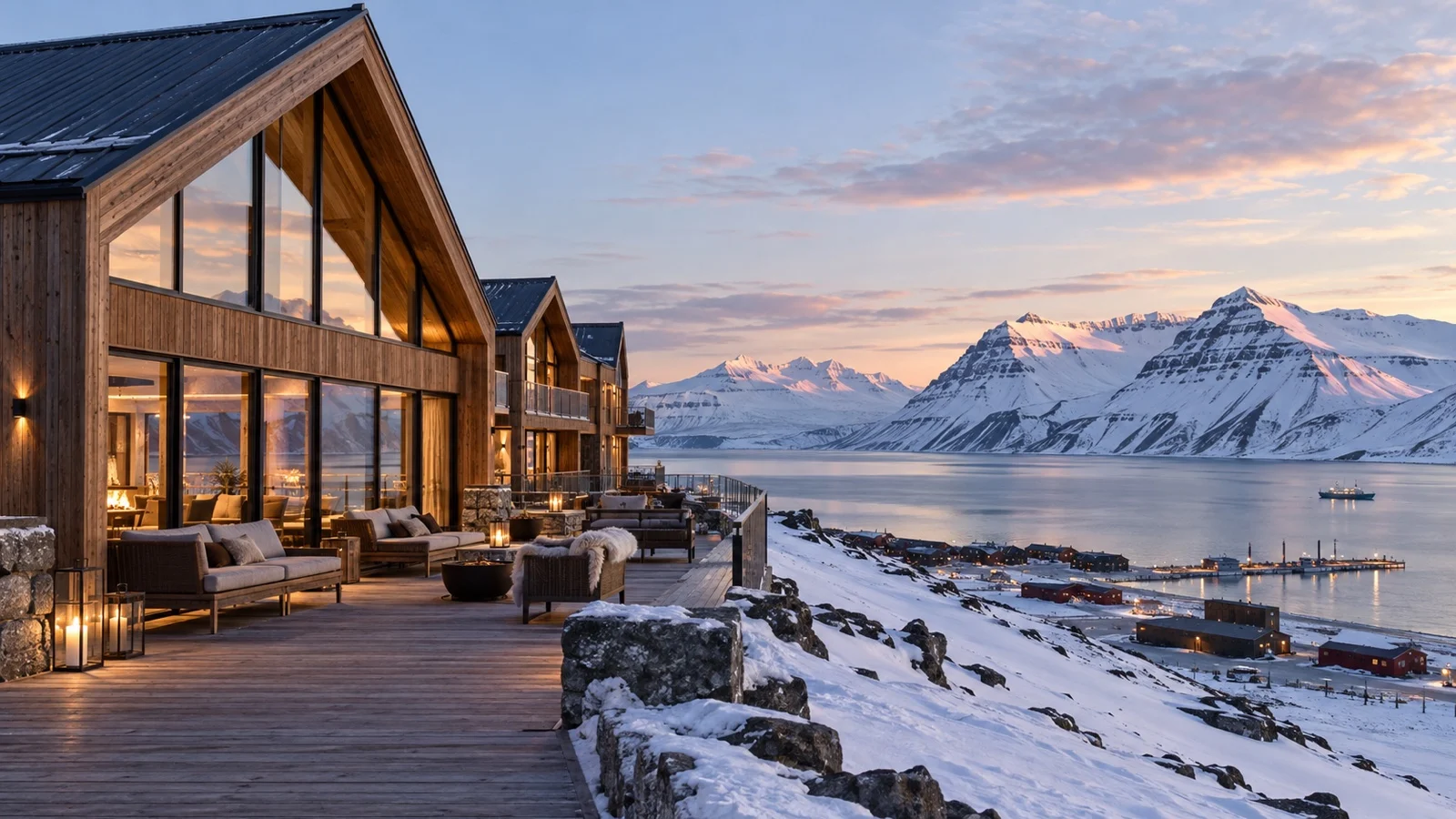 Upscale timber lodge hotel in Longyearbyen with fjord and Arctic mountain views