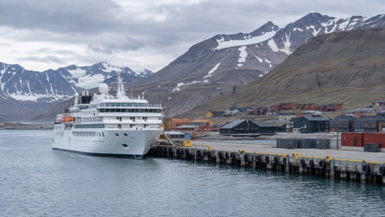 Expedition cruise ship at Bykaia pier in Longyearbyen, Svalbard