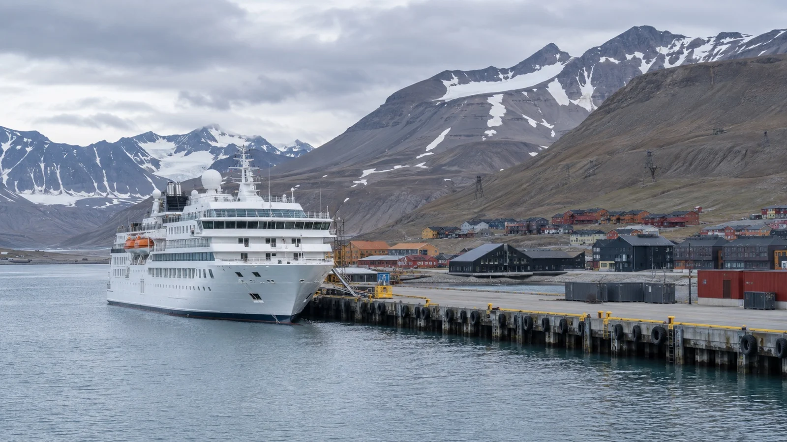 Expedition cruise ship at Bykaia pier in Longyearbyen, Svalbard