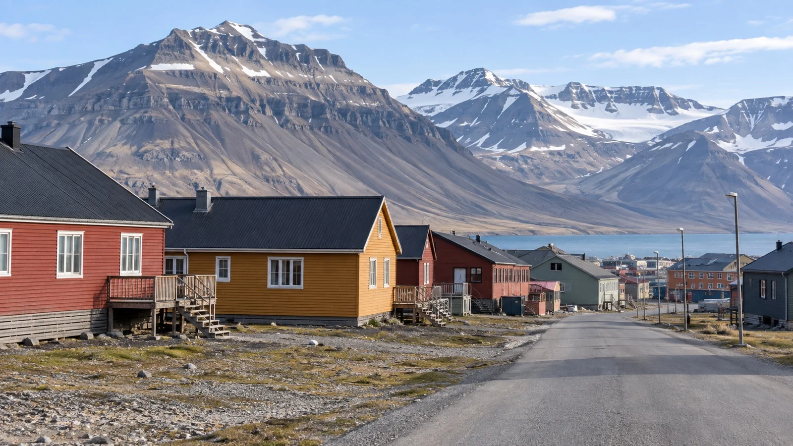 Colorful Longyearbyen buildings beneath treeless Arctic mountains