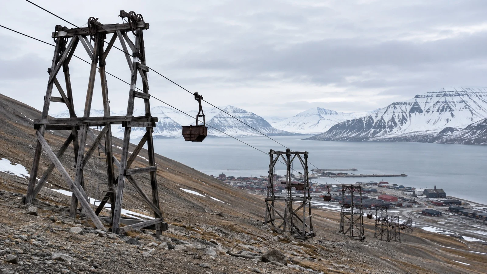 Historic coal mine cableway above Longyearbyen on a barren Arctic slope