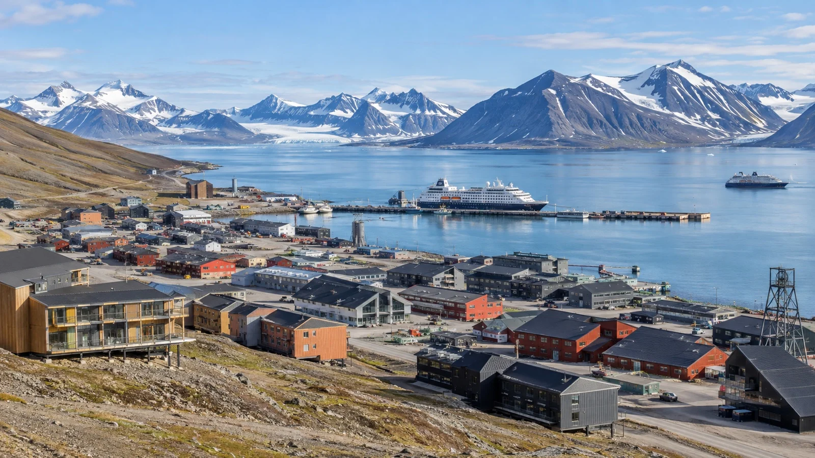 Panoramic Longyearbyen settlement showing town hotels, cruise harbor and Isfjorden in summer daylight