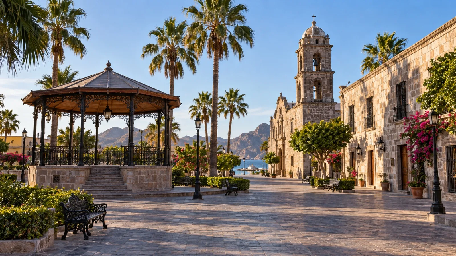 Historic plaza and palms in Loreto, Baja California Sur
