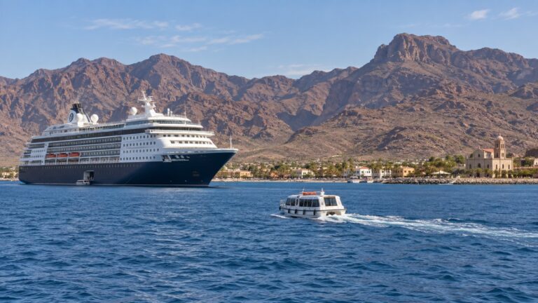 Cruise ship and tender offshore from Loreto in the Sea of Cortez