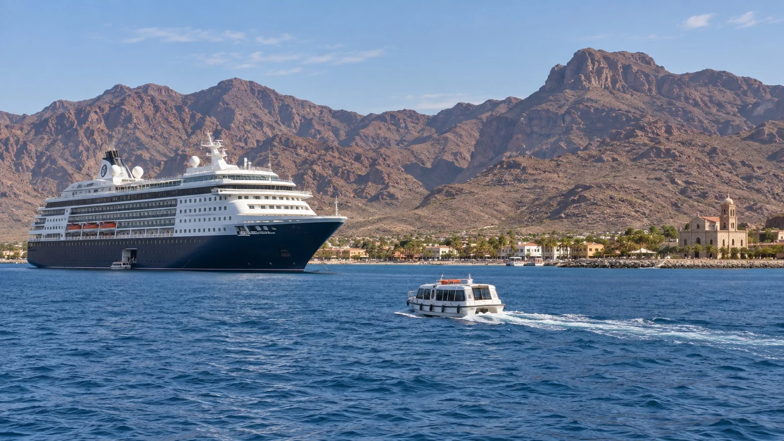 Cruise ship and tender offshore from Loreto in the Sea of Cortez