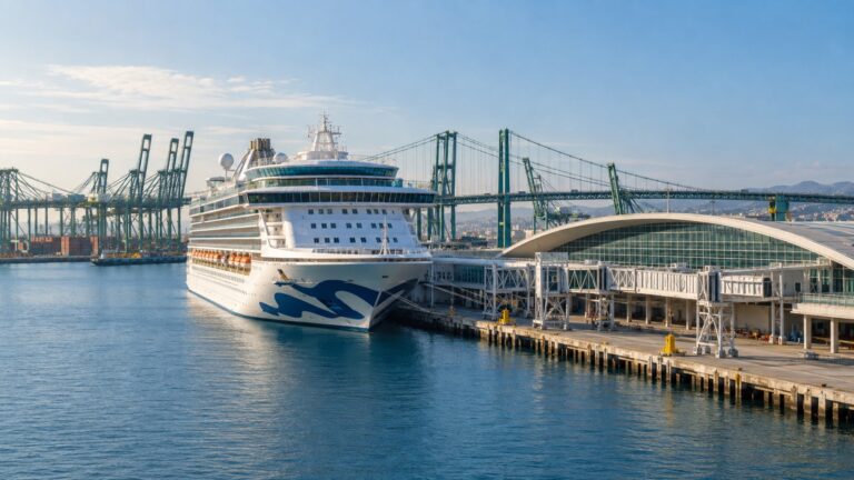 Cruise ship at World Cruise Center in San Pedro with port cranes