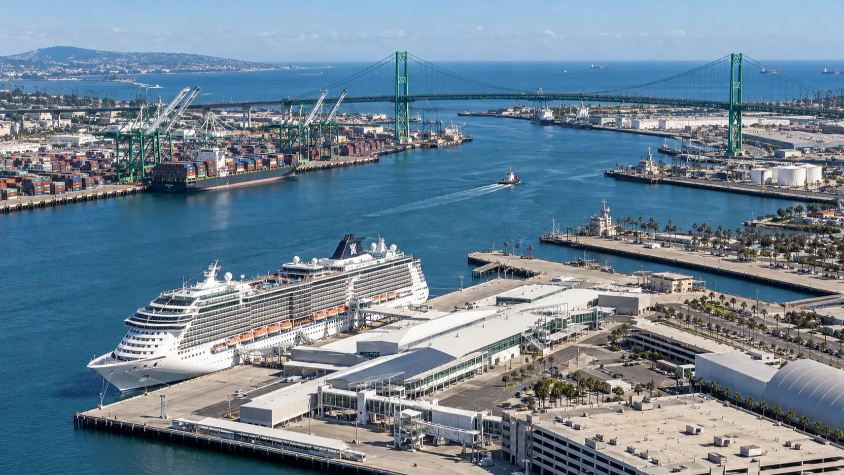 Aerial view of San Pedro cruise terminals and harbor