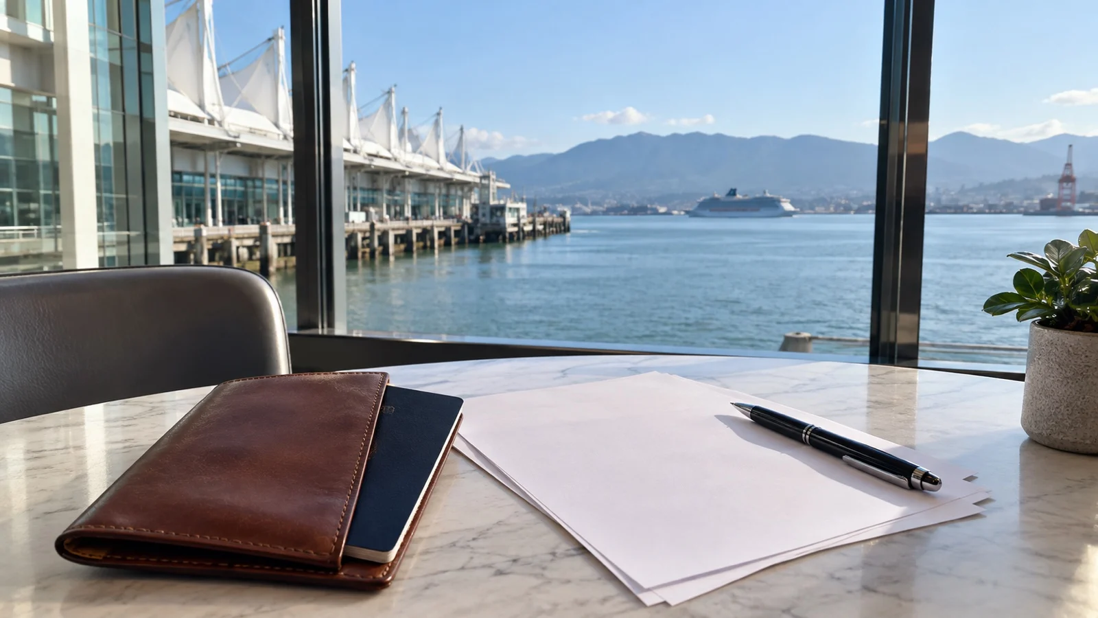 Passport wallet and blank emergency travel papers on table by port window