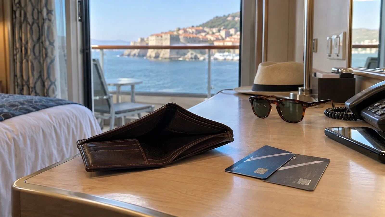 Open empty wallet and bank cards on cruise cabin desk