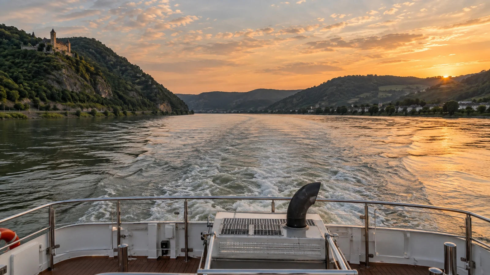 Aft section of a river cruise ship with engine exhaust and wake