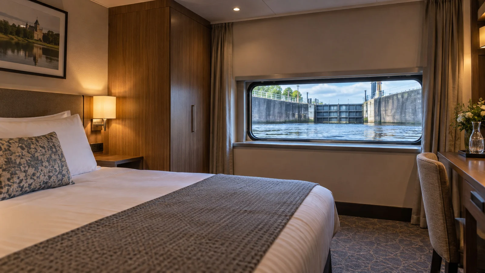 Empty lower-deck river cruise cabin with small waterline window