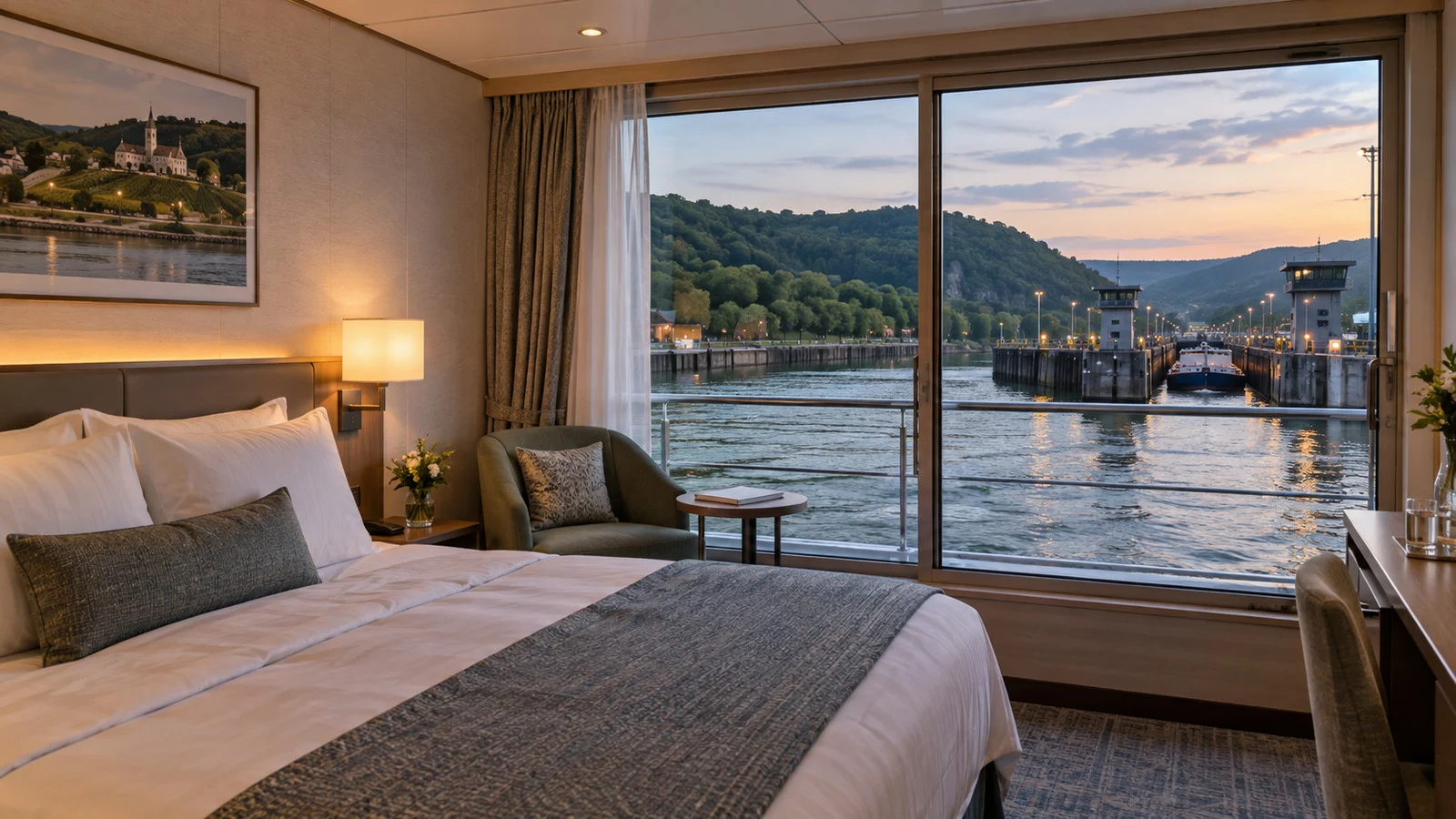 Quiet midship upper-deck river cruise cabin with river view