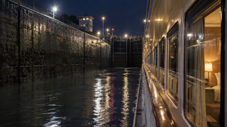River cruise ship inside a narrow canal lock at night