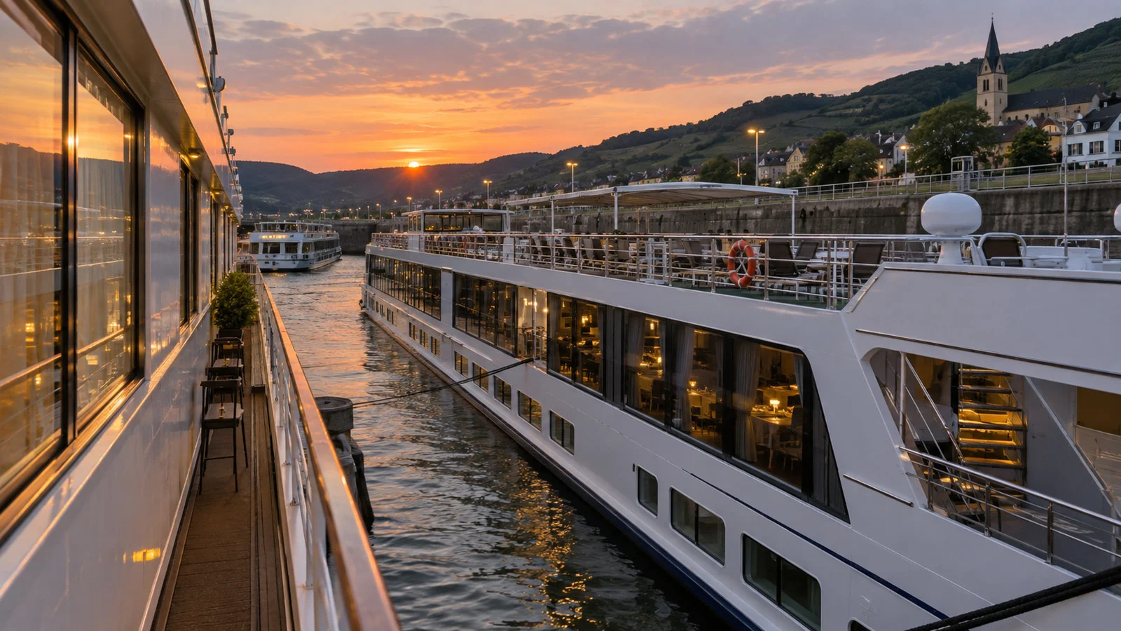 River cruise ship moored alongside another ship at a crowded berth