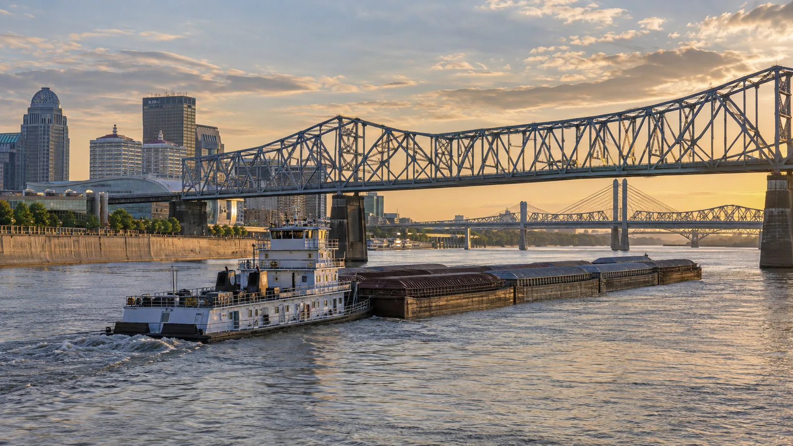 Working towboat pushing barges on the Ohio River beneath Louisville bridges