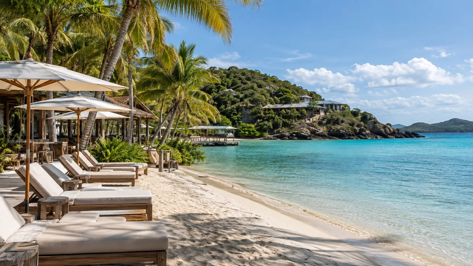Empty palm-lined beach club loungers and clear water at Lovango Cay