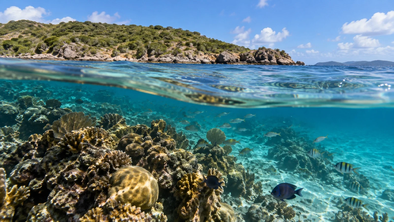 Underwater coral reef and tropical fish in clear water near Lovango Cay