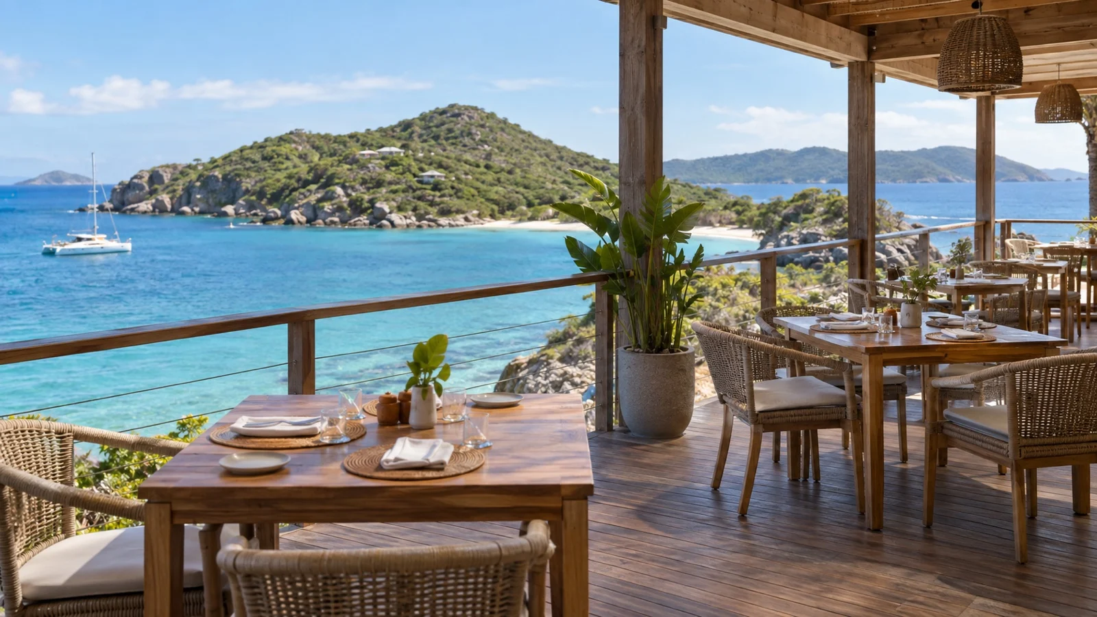 Empty open-air waterfront dining terrace overlooking Lovango Cay bay