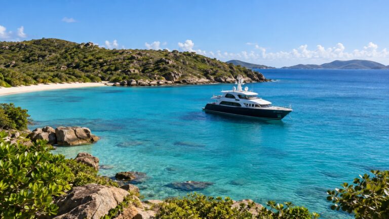 Small luxury yacht anchored in the sheltered turquoise bay at Lovango Cay, US Virgin Islands