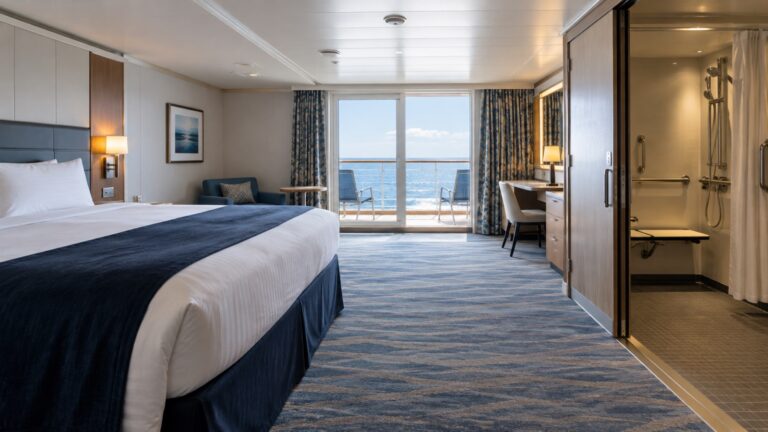 Empty accessible cruise cabin with high-contrast lighting and clear floor path