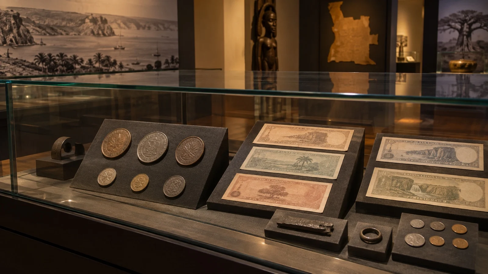 Illustrative display of historic currency in a Luanda museum