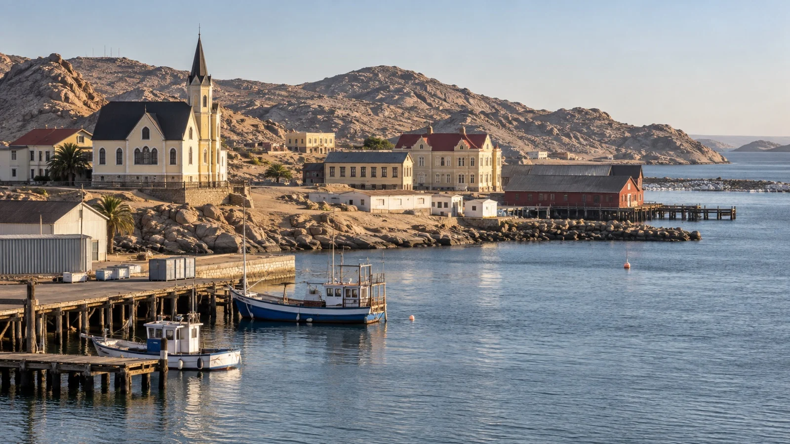 Lüderitz waterfront architecture beside the Atlantic harbor