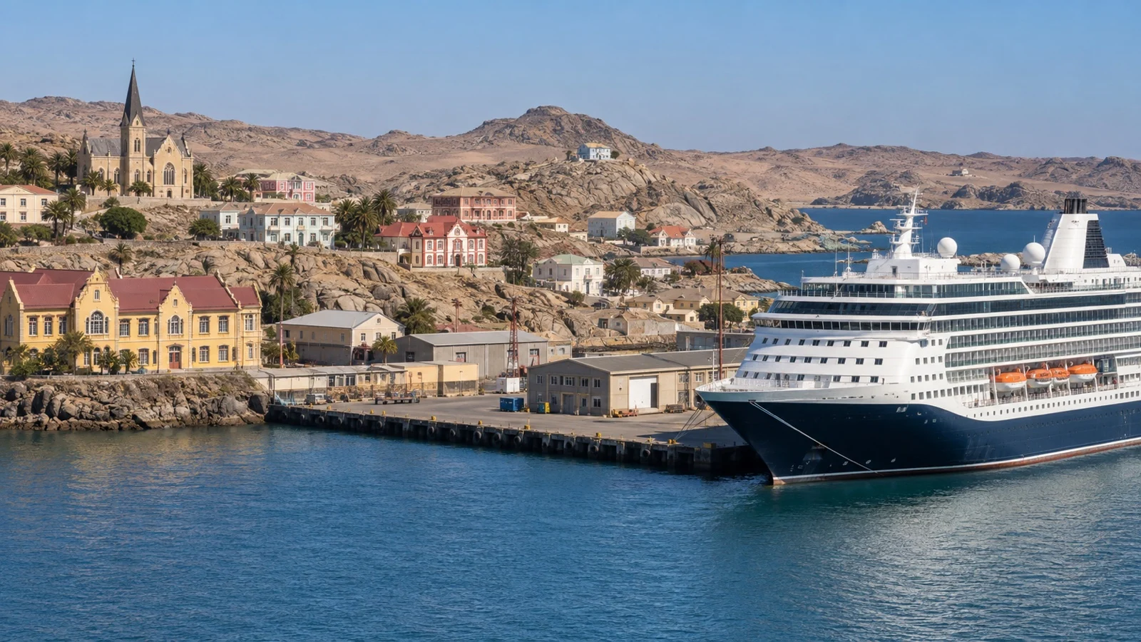 Cruise ship at Lüderitz harbor wharf in Namibia