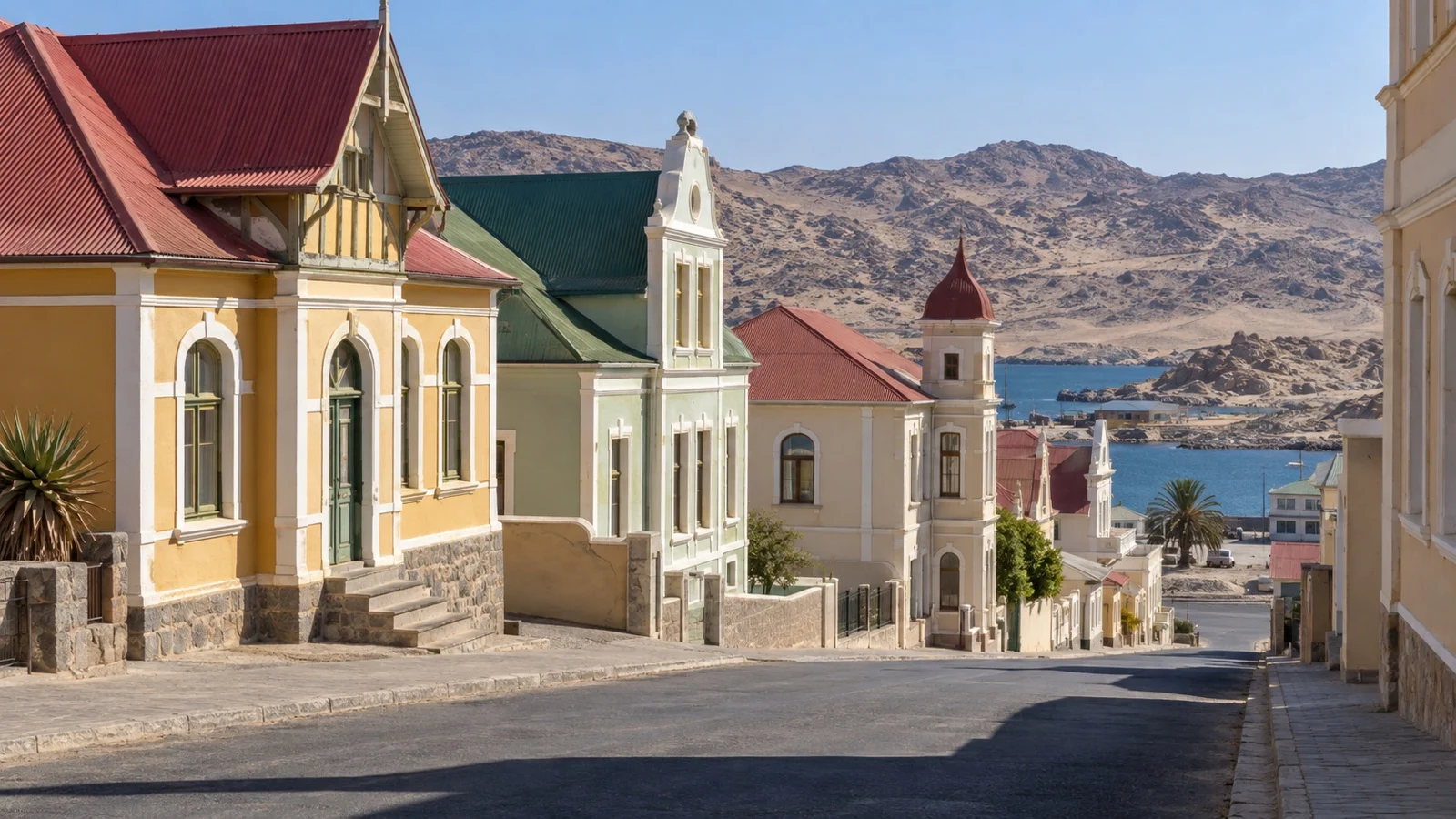 Historic buildings and desert hills in Lüderitz