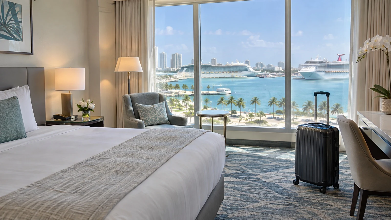 Empty hotel day room with suitcase and cruise harbor view