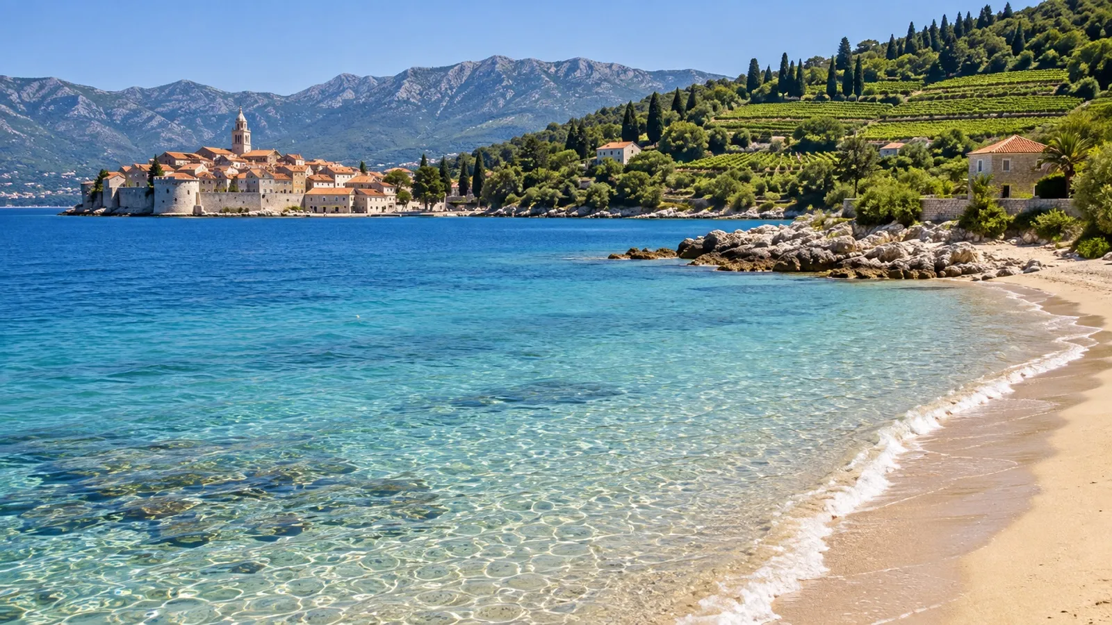 Sandy beach and vineyard hills near Lumbarda on Korčula