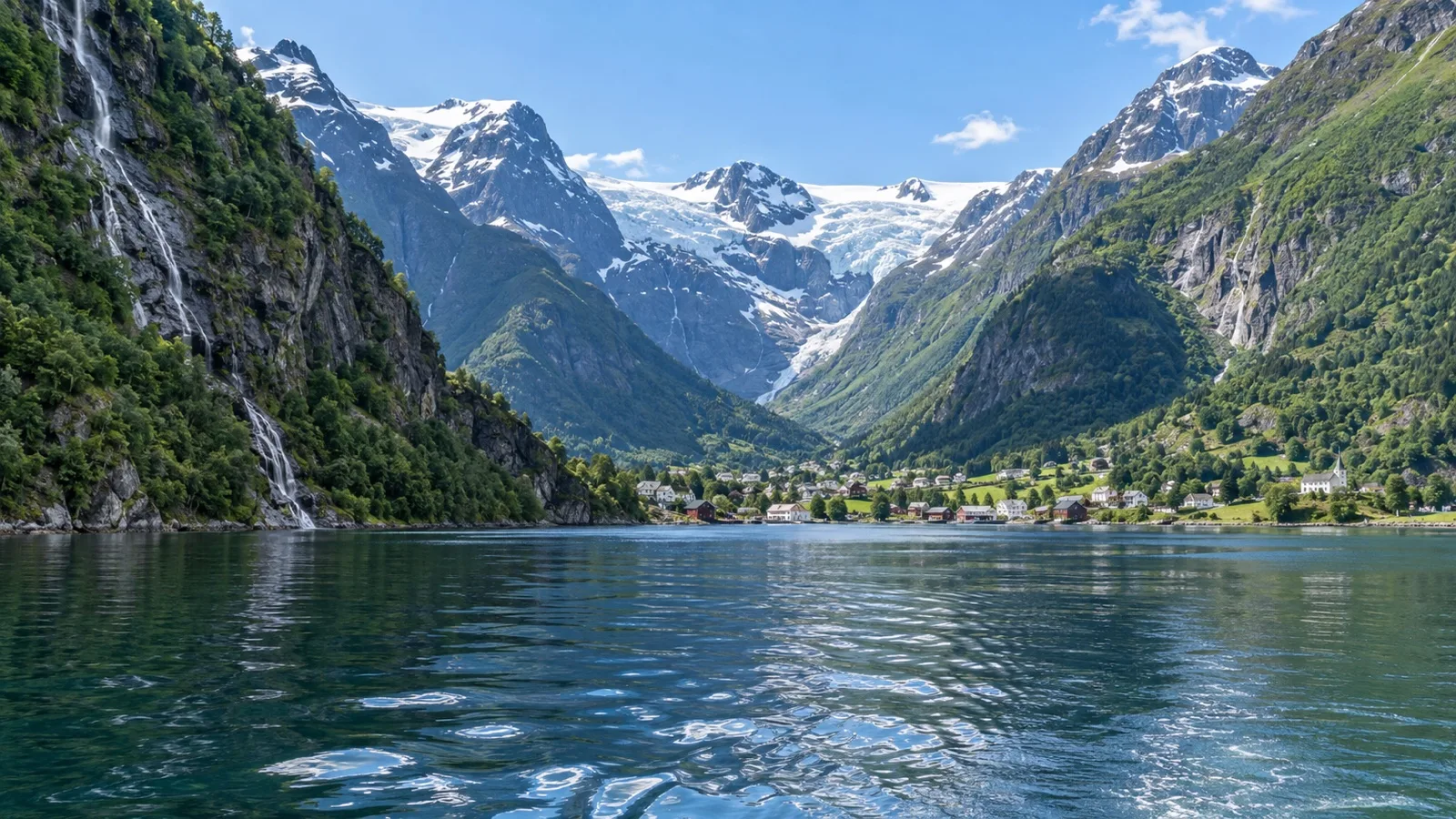 Steep green slopes along Lustrafjord