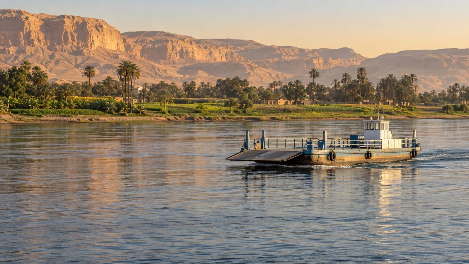 Luxor West Bank and Nile crossing near cruise moorings