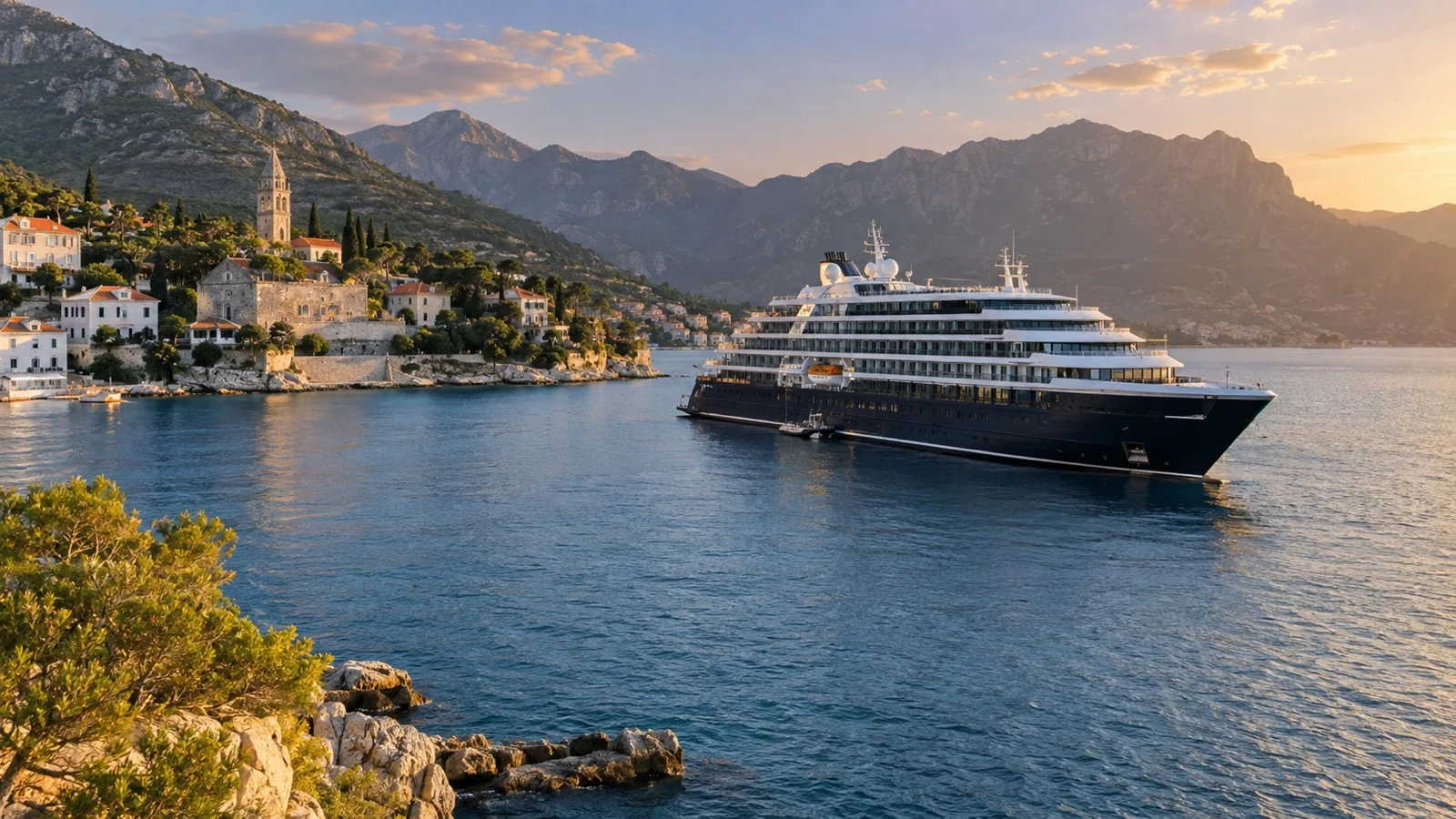 Small luxury cruise ship anchored off an elegant island harbor